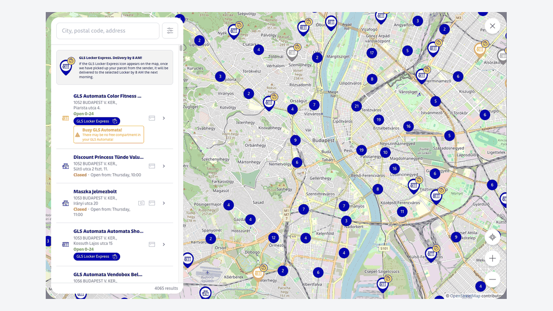 GLS pickup point map at checkout with search, parcel shops and lockers