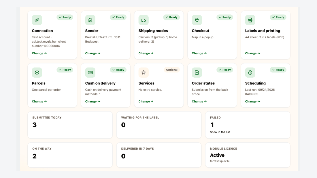 The Settings page of the GLS module: cards for the setup steps, shipment figures and the licence