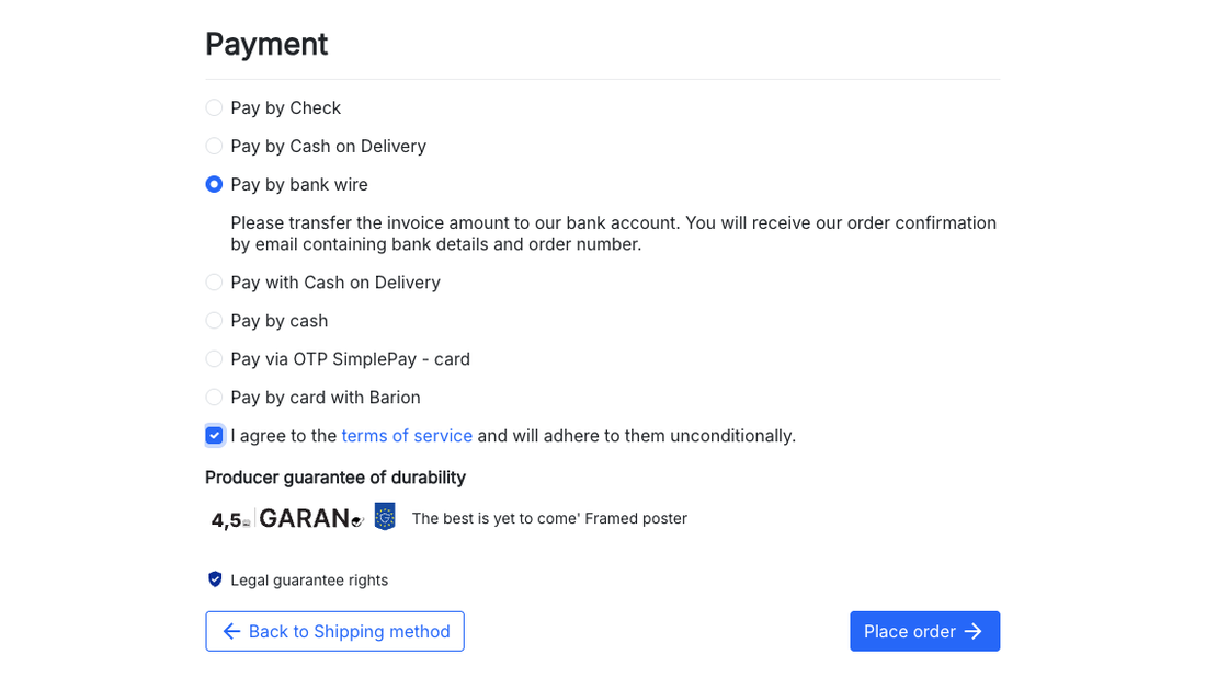 Checkout: the labels of guaranteed products and the notice link in the payment step
