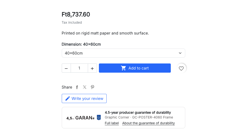 GARAN label card on the product page with guarantee length, brand and model