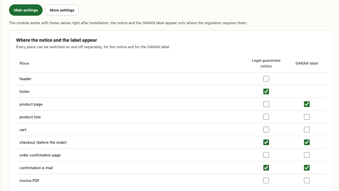 Main settings: the notice and the GARAN label switched per place