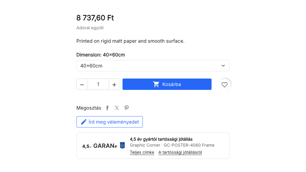 GARAN-címke kártya a termékoldalon, a jótállási idővel, márkával és modellel