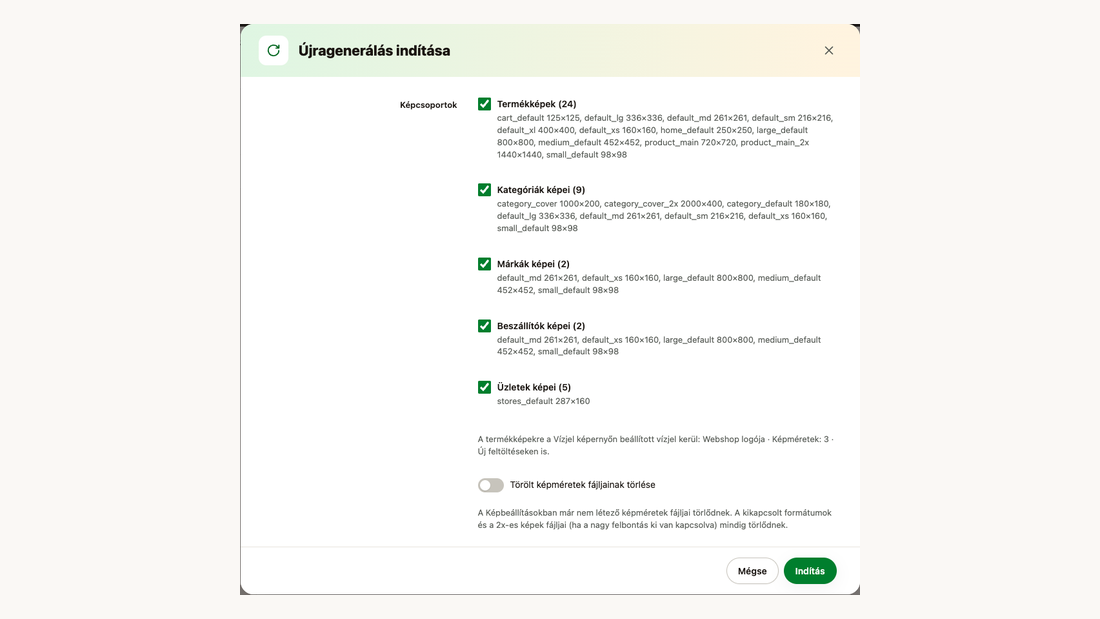 Az újragenerálás indítása: képcsoportok a képméretekkel és a törölt képméretek kapcsolója