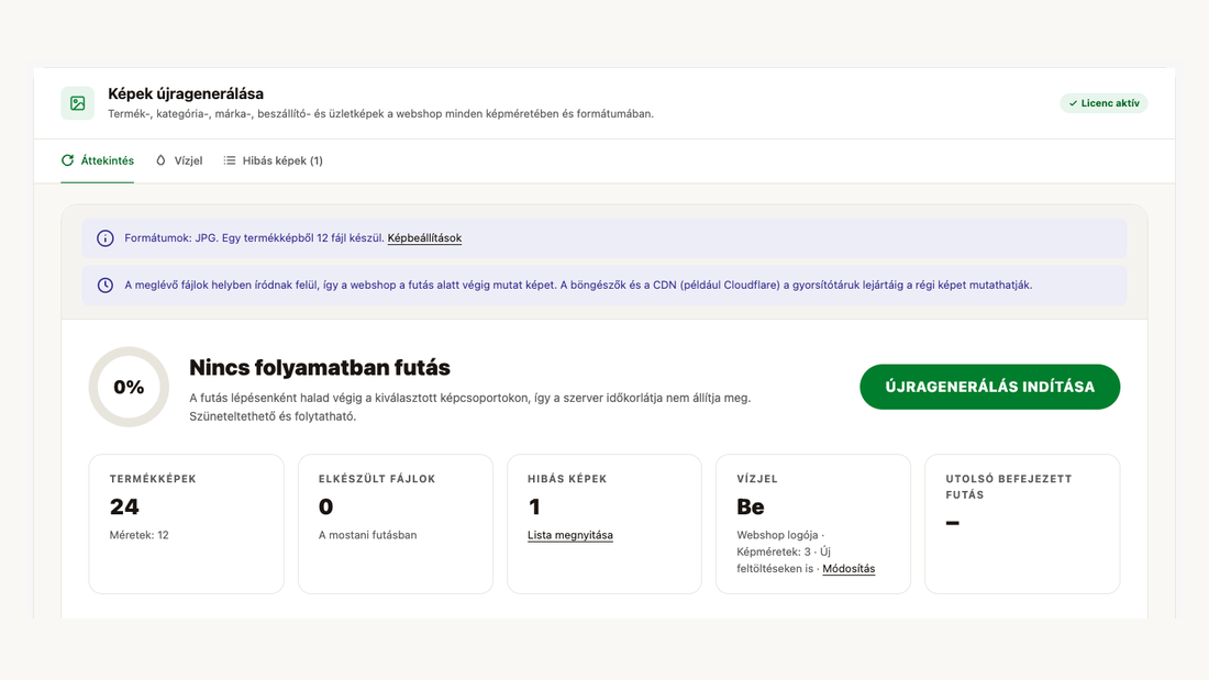 Az Áttekintés: futás állapota, termékképek, elkészült fájlok, hibás képek és a vízjel kártyája