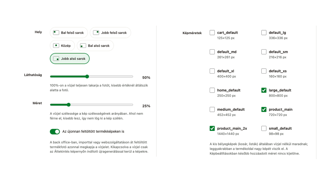 A vízjel helye, láthatósága, mérete, a képméretek és az új feltöltések kapcsolója
