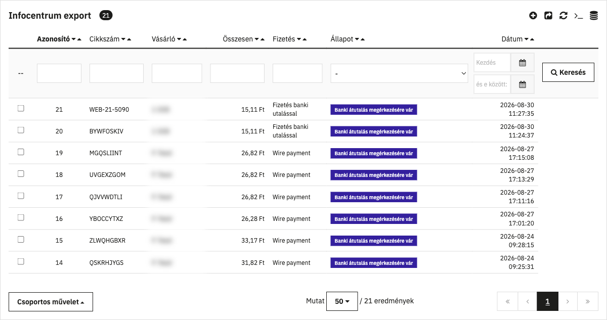 Az Infocentrum export rendeléslista az adminban, a rendelésekkel és a csoportos export művelettel
