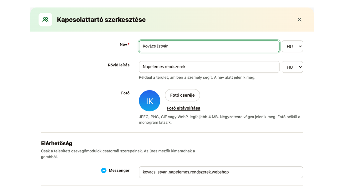 A kapcsolattartó ablaka: név és rövid leírás nyelvenként, fotó és a Facebook-oldal, amelyre a vásárló Messengeren ír