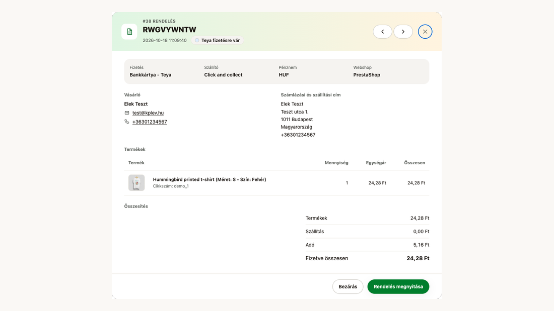 A rendelés-előnézet ablaka: vásárló, cím, termékek és összesítés, nyilak a következő rendeléshez