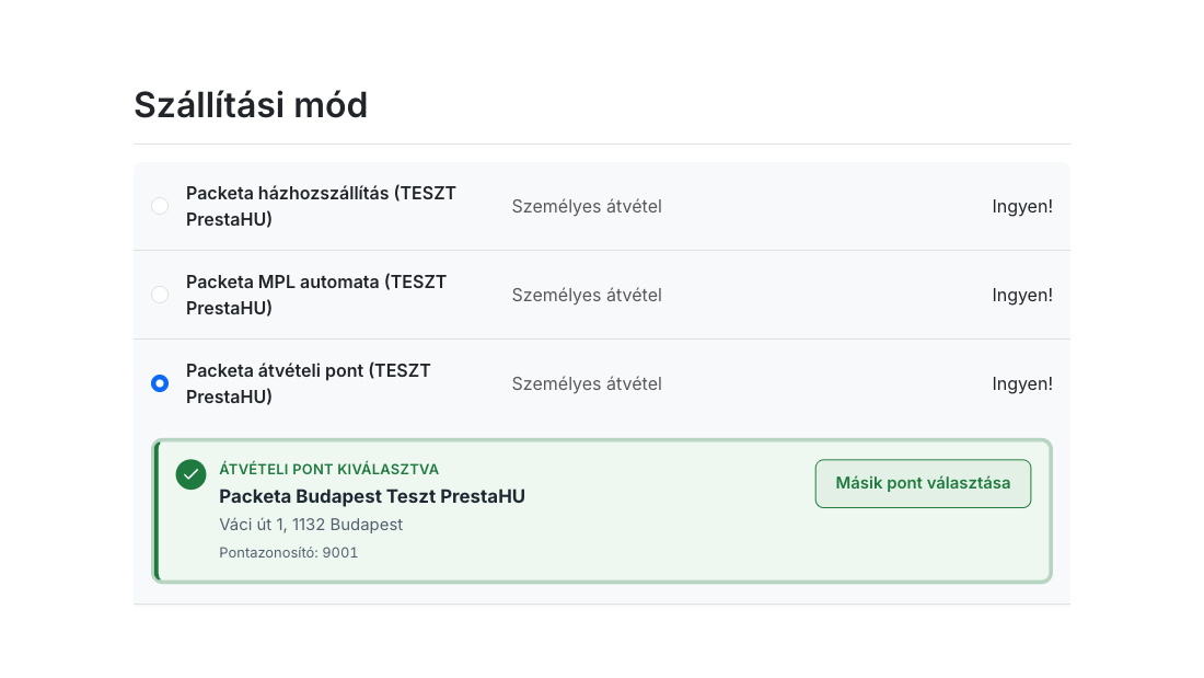 A pénztár szállítási lépése: Packeta házhozszállítás, automata és átvételi pont, alatta a kiválasztott átvételi pont címe és a Másik pont választása gomb