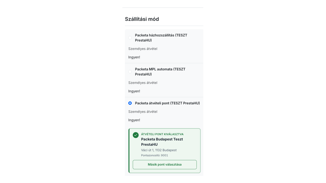 A pénztár telefonon: Packeta szállítási módok és a kiválasztott átvételi pont