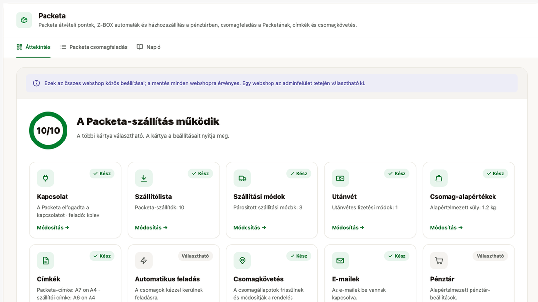 A modul Áttekintés képernyője: 10/10 kész beállítás, tíz beállítás-kártya és a ma feladott, feladásra váró és úton lévő csomagok száma