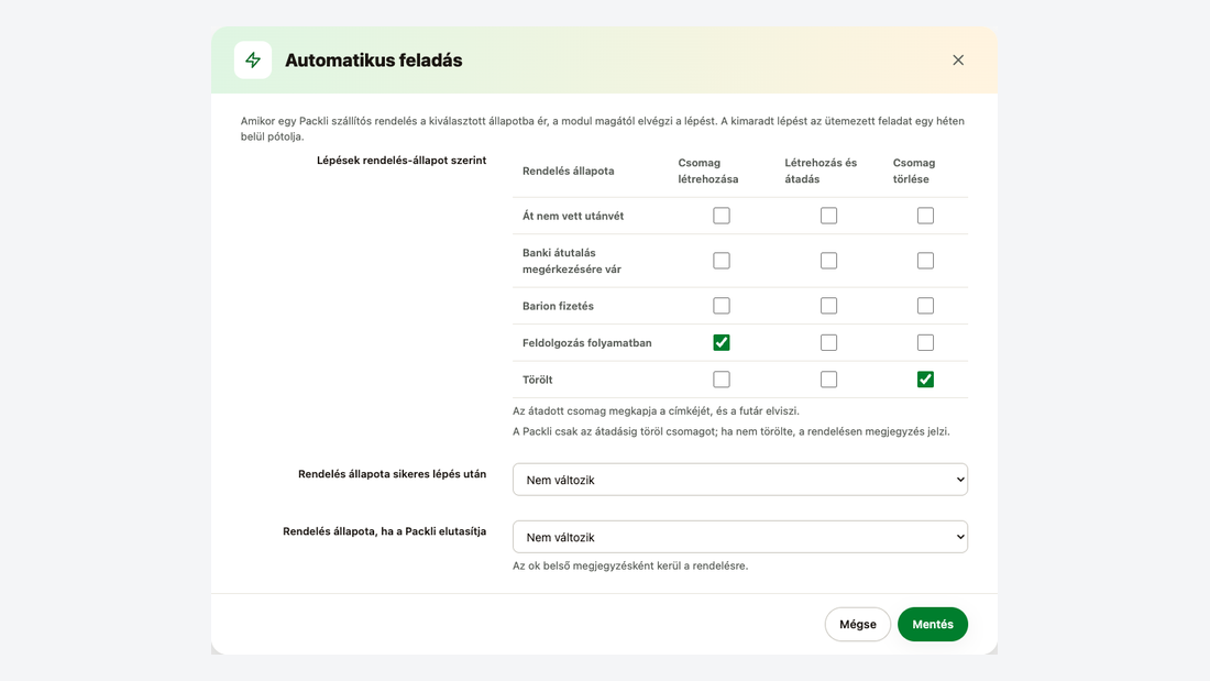 Automatikus feladás ablak: rendelés-állapotonként csomag létrehozása, létrehozás és átadás, illetve csomag törlése