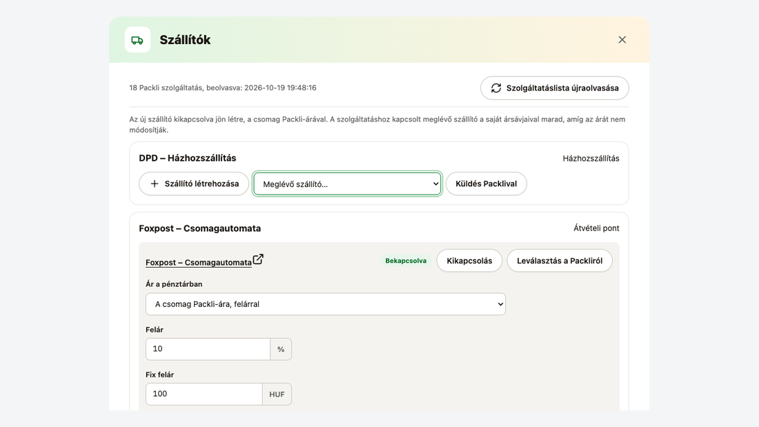 Szállítók ablak: Packli szolgáltatások szállítási móddal, a pénztári ár beállítása felárral, és a Szállító létrehozása gomb