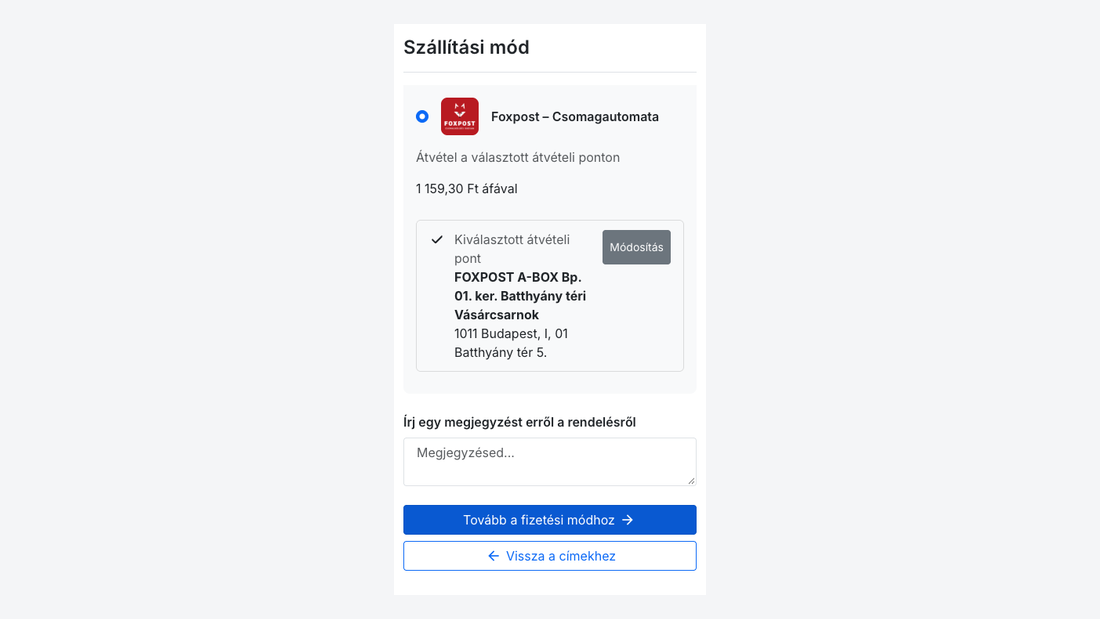 A pénztár telefonon: Packli szállítási mód és a kiválasztott átvételi pont