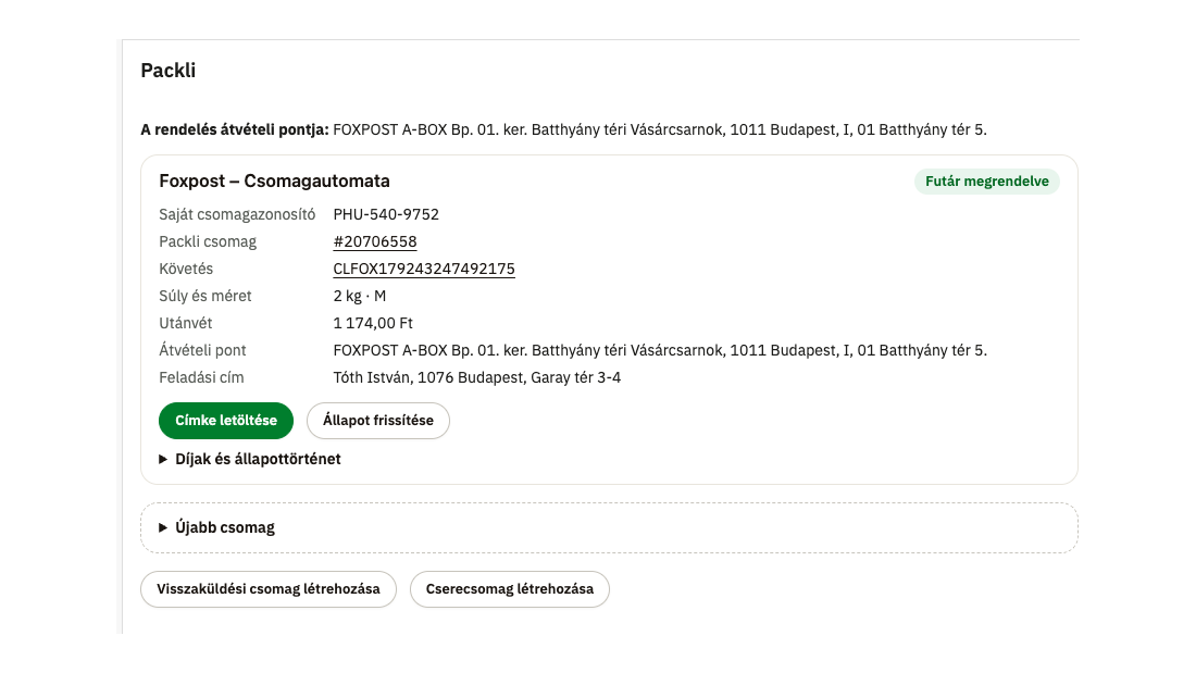 A rendelés Packli doboza: a csomag szolgáltatása, követési száma, súlya, utánvétje, átvételi pontja, a Címke letöltése gomb, valamint visszaküldési és csere csomag