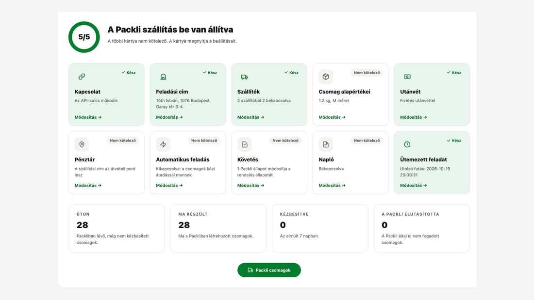 A modul Áttekintés képernyője: a beállítás lépései, kártyák a kapcsolattól az ütemezett feladatig, és az úton lévő, ma készült, kézbesített és elutasított csomagok száma