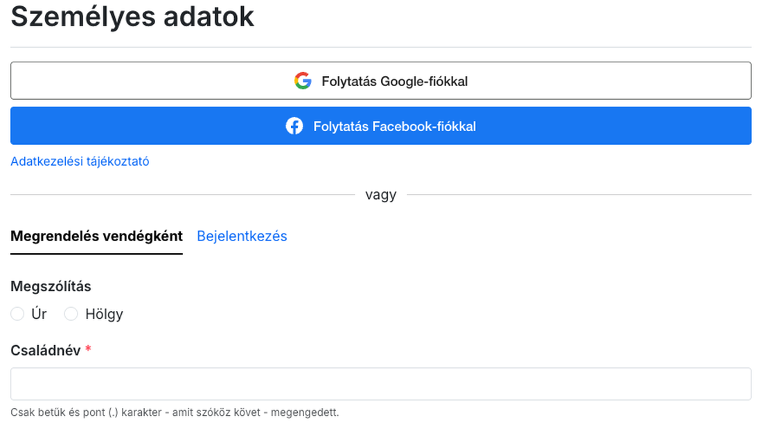 A pénztár személyes adatok lépése a két gombbal a vendég-rendelés felett