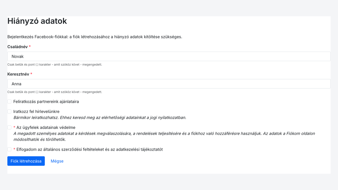 A kiegészítő űrlap: a nevet a hálózat adta, a vásárló csak a kötelező hozzájárulásokat jelöli be