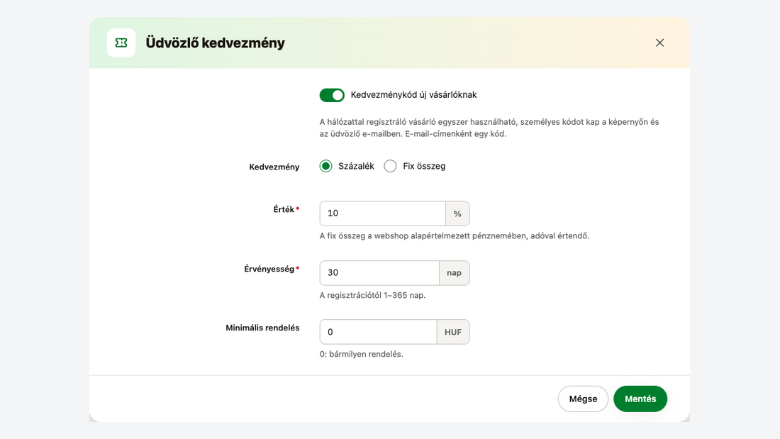 Az Üdvözlő kedvezmény ablak: százalék vagy fix összeg, érvényesség, minimális rendelés