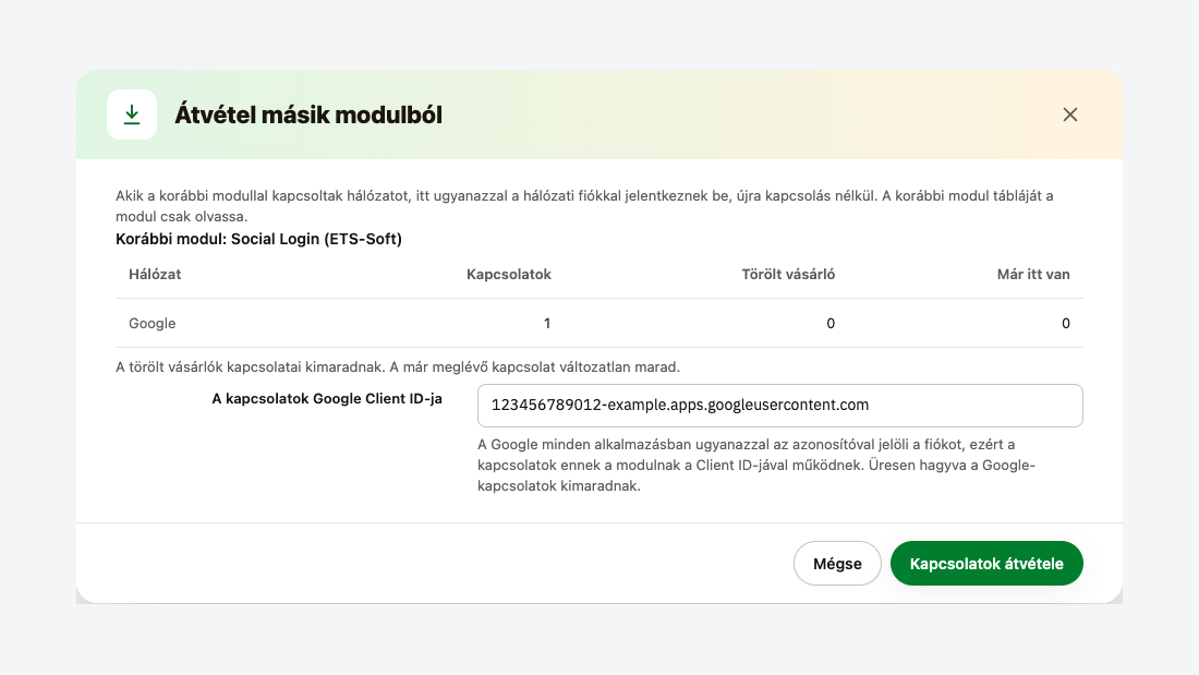 Átvétel másik modulból: a korábbi modul kapcsolatainak száma és az átvétel gombja