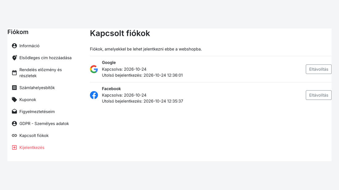A vásárlói fiók Kapcsolt fiókok oldala a Google- és a Facebook-kapcsolattal