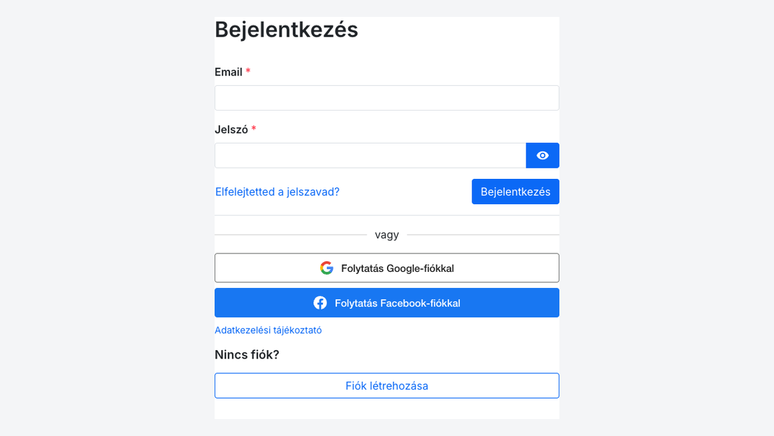 A bejelentkezési oldal a Google- és a Facebook-gombbal az űrlap alatt