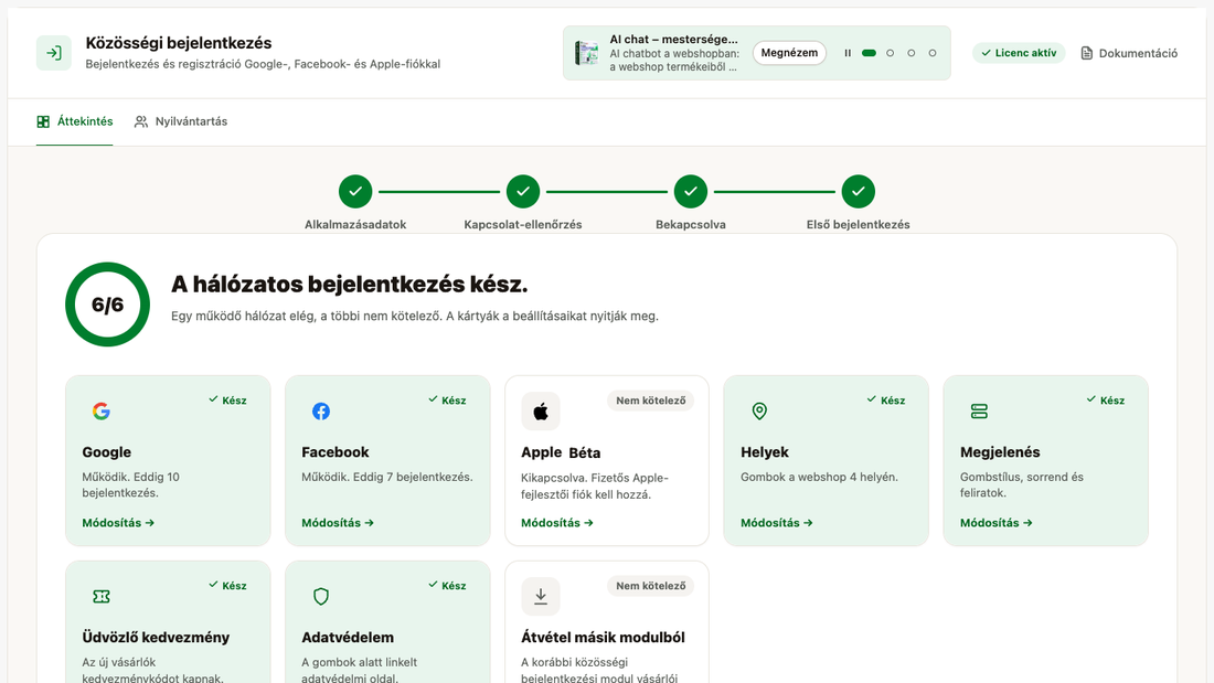 A beállító képernyő: a beállítás lépései és a hálózatok, helyek, megjelenés, kedvezmény kártyái