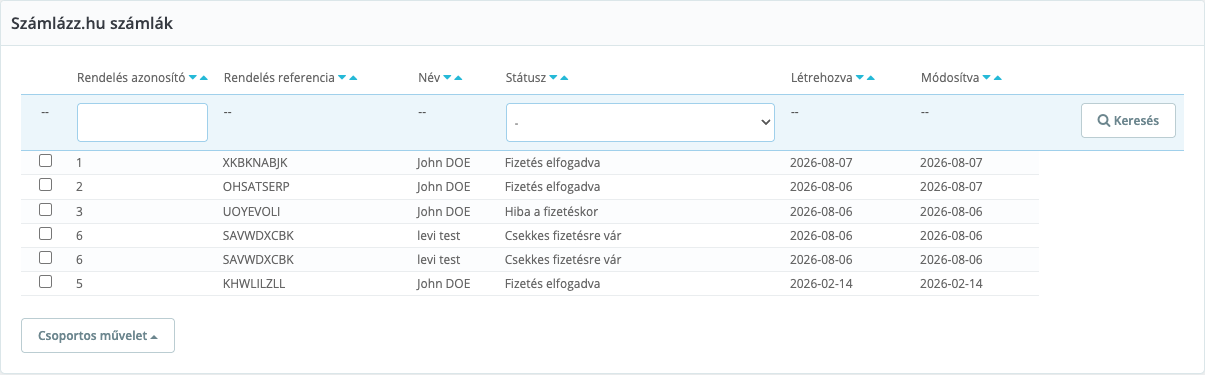 The list of issued Számlázz.hu documents inside the PrestaShop admin