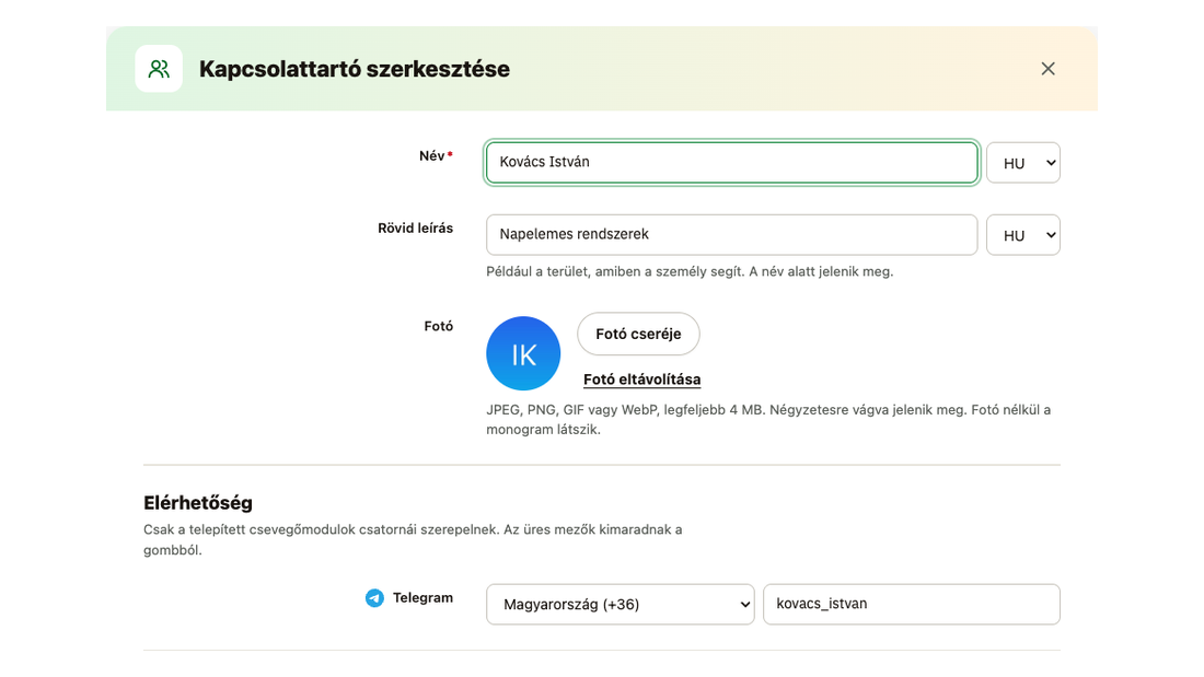A kapcsolattartó ablaka: név és rövid leírás nyelvenként, fotó és Telegram-elérhetőség: felhasználónév vagy telefonszám