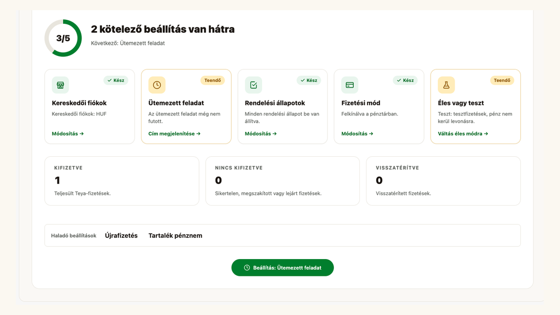 A Teya modul áttekintő oldala: haladásjelző, a beállítások állapotkártyái és a fizetési számok