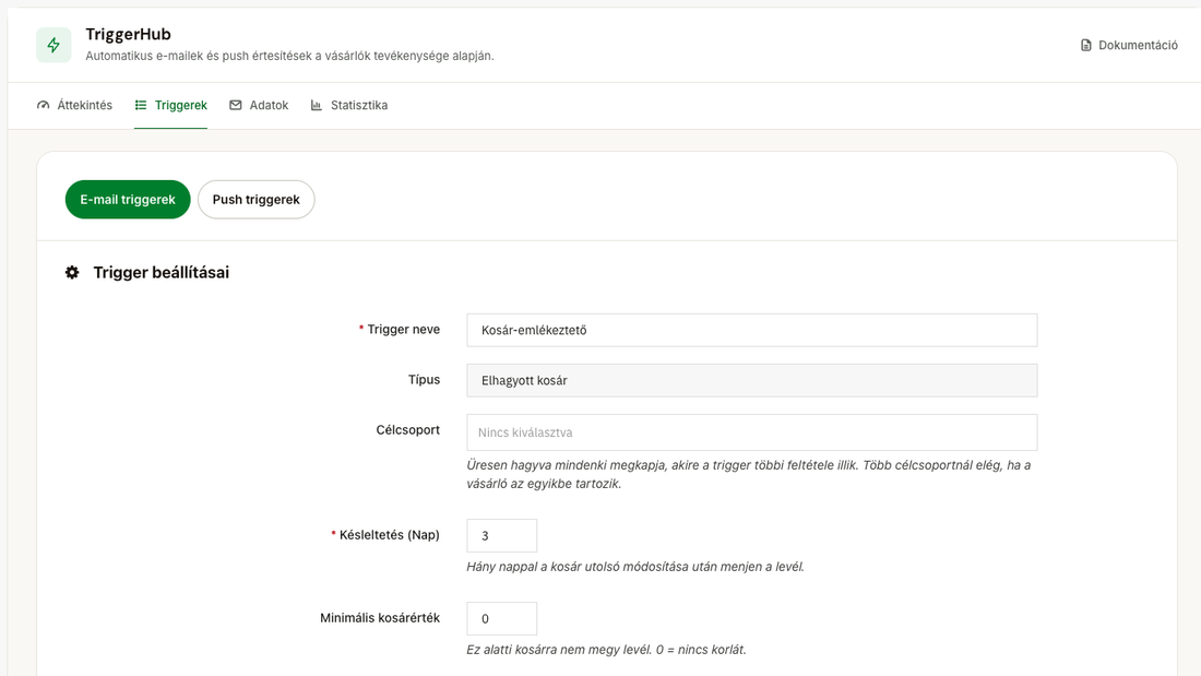 E-mail trigger szerkesztése: időzítés, tárgy és levéltörzs nyelvenként, kupon és tesztküldés