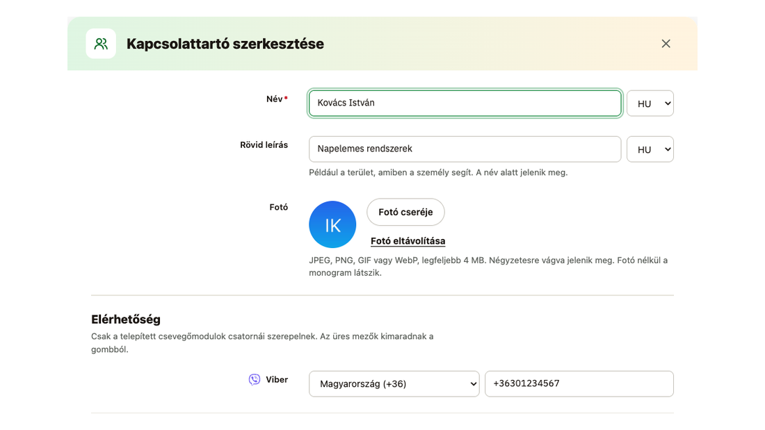 A kapcsolattartó ablaka: név és rövid leírás nyelvenként, fotó és Viber-szám országhívóval