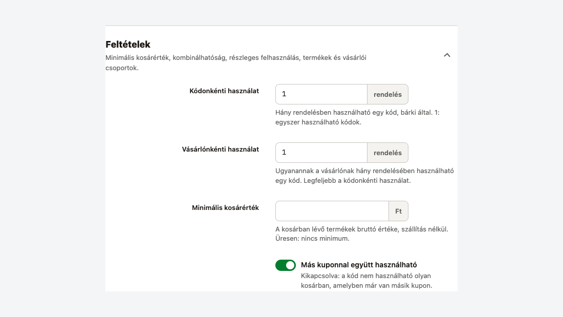 Egy csoport feltételei: kódonkénti és vásárlónkénti használat, minimális kosárérték, más kuponnal együtt használható
