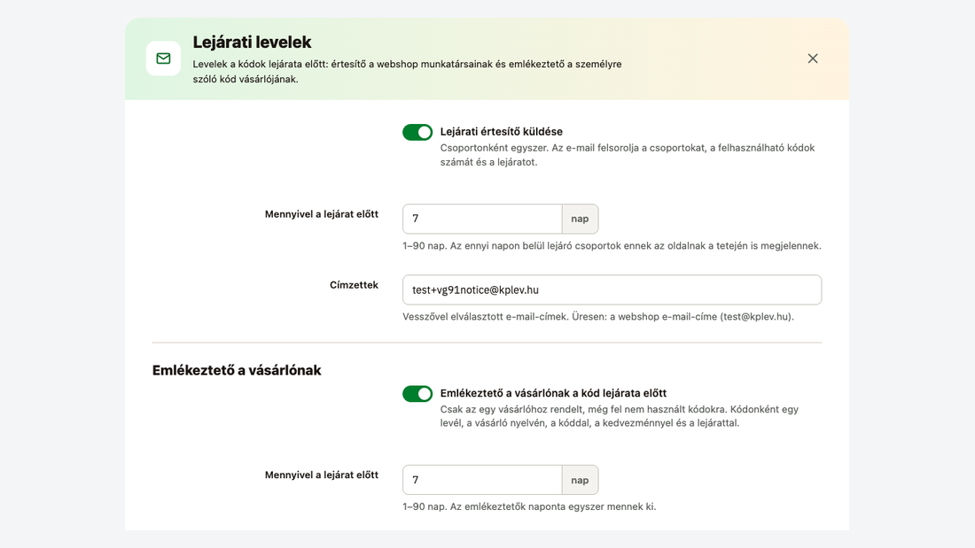 A Lejárati levelek ablak: figyelmeztetés a webshop munkatársainak és emlékeztető a vásárlónak