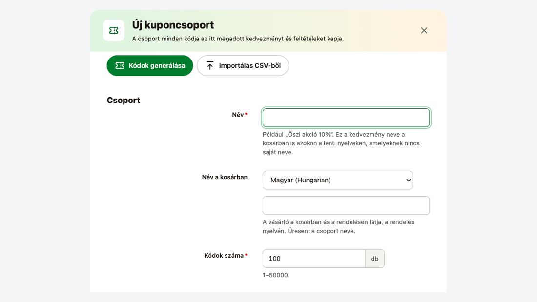 Az Új kuponcsoport ablak: név, nyelvenkénti név a kosárban és a kódok száma
