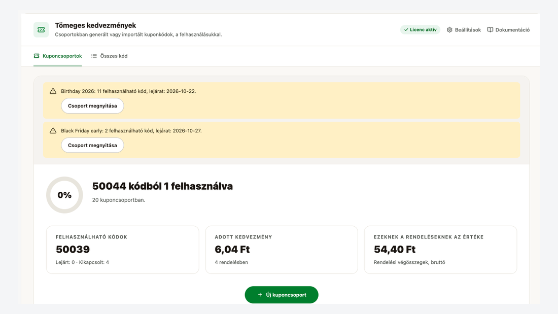 A Kuponcsoportok képernyő: lejárati értesítések, a felhasznált kódok aránya, felhasználható kódok, adott kedvezmény és a rendelések értéke