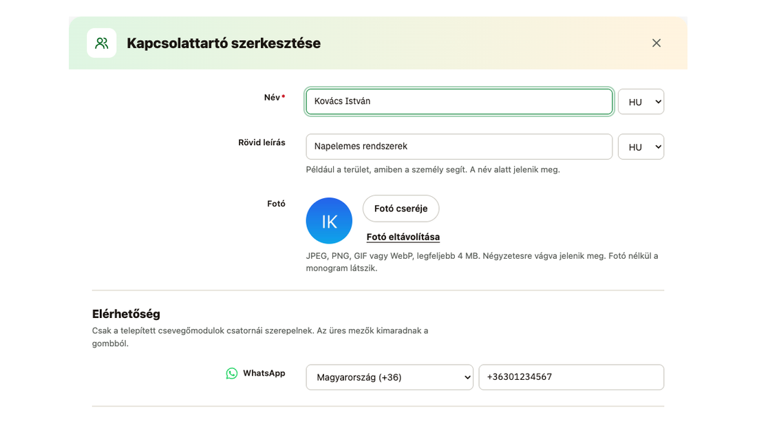 A kapcsolattartó ablaka: név és rövid leírás nyelvenként, fotó és WhatsApp-szám országhívóval